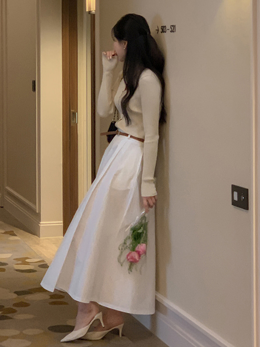 春秋用小柄さん向け通勤ハイウエストAラインミディ丈スカート-Sodemai