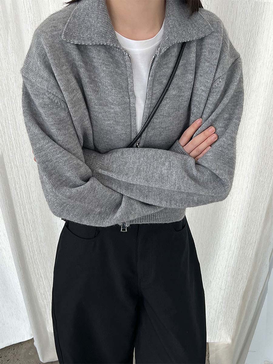 ニットポロ襟ショート丈ダブルジッパーヘッドアウター-Sodemai