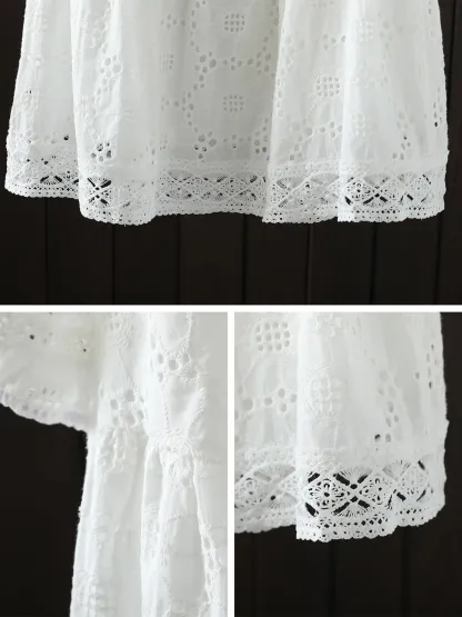 刺繍レースラウンドネック半袖ブラウス