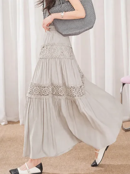「身長150cm以上向け」上品な透かし編みクロシェハイウエストAラインミディアムロングスカート
