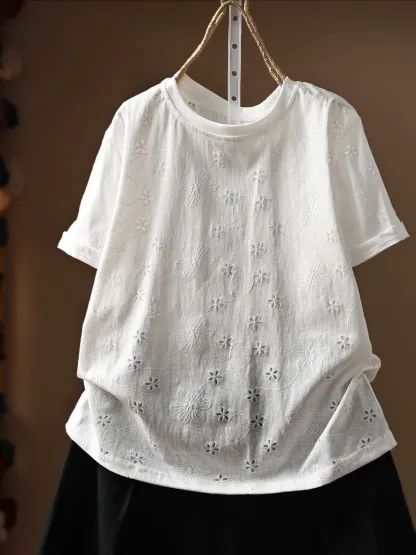 ゆったり花柄刺繍入りコットン半袖Tシャツ