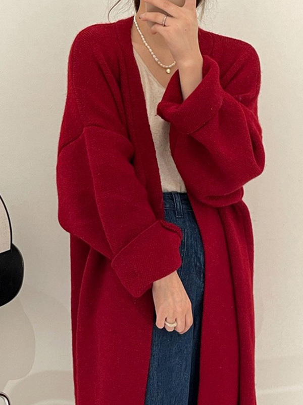 秋冬向け抜け感のある厚手ロングニットカーディガン-Sodemai