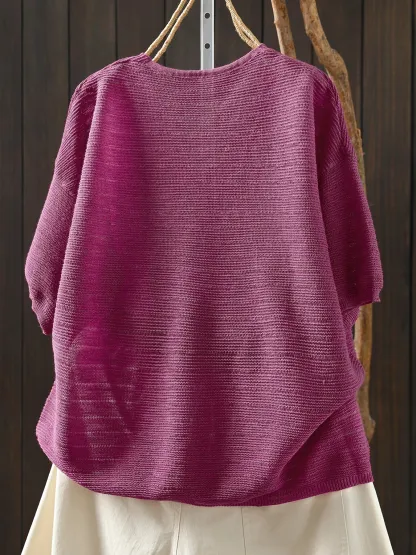 透かし編みデザイン体型カバー半袖ニットTシャツ