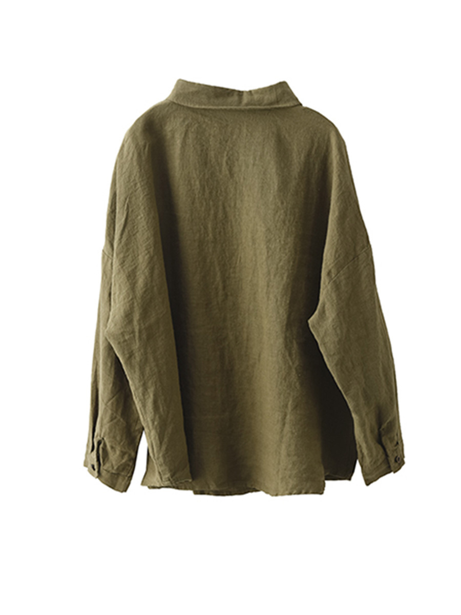 レトロでシンプルなリネンシングルブレスト長袖シャツ-Sodemai
