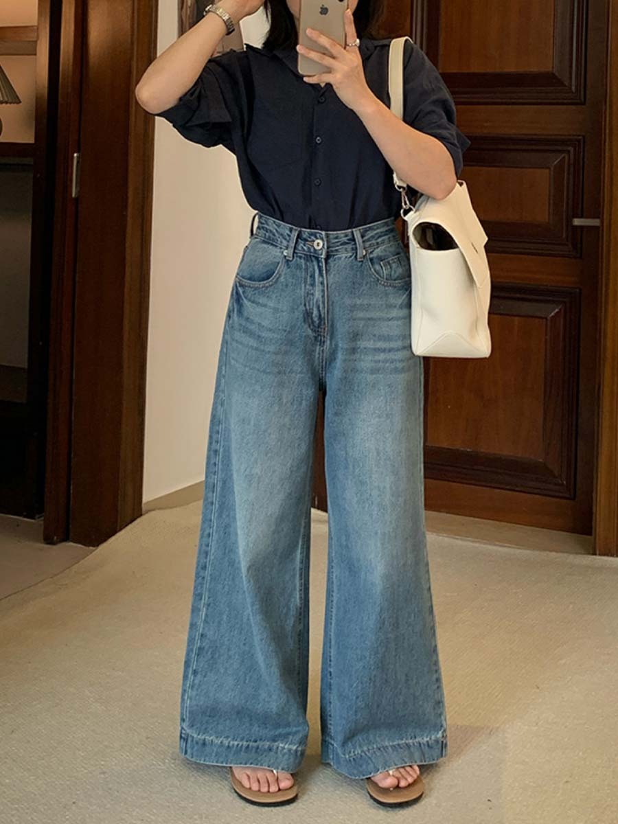 「身長150cm向け」春秋向けハイウエストストレートワイドデニムパンツ-Sodemai