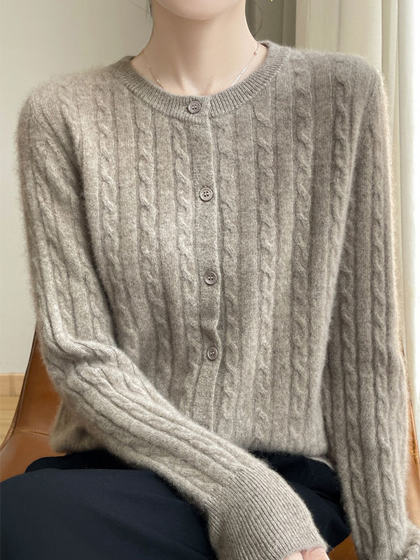 秋冬向けウール混紡クルーネックケーブル編みカーディガン-Sodemai