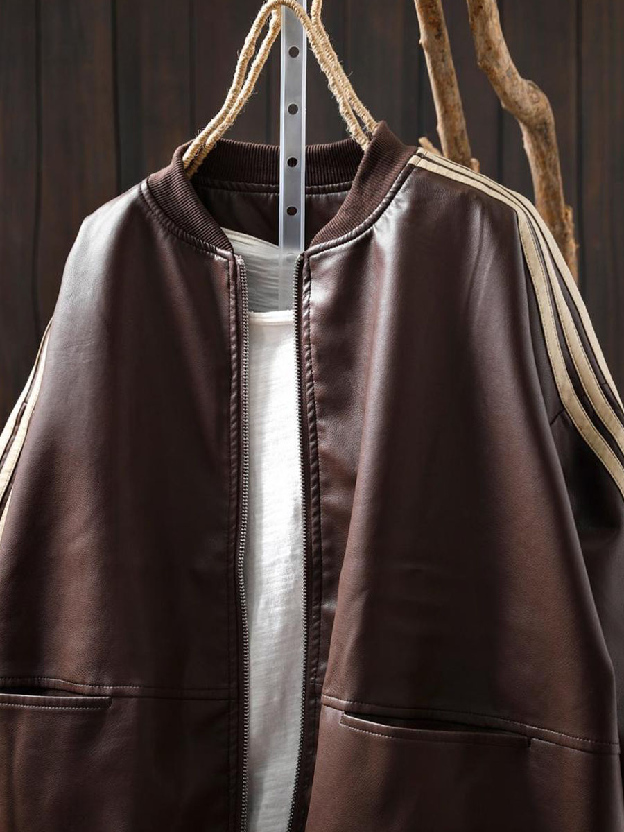 細見えジップアップPUレザージャケット-Sodemai