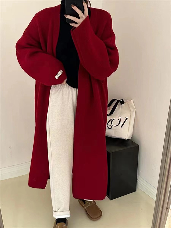 秋冬向け抜け感のある厚手ロングニットカーディガン-Sodemai