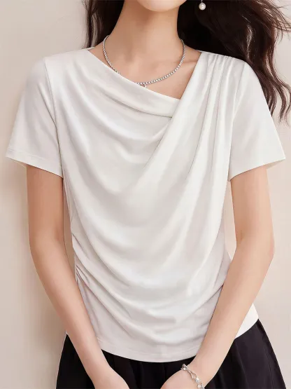 高級感溢れるドレープネックすっきり見え半袖Tシャツ 