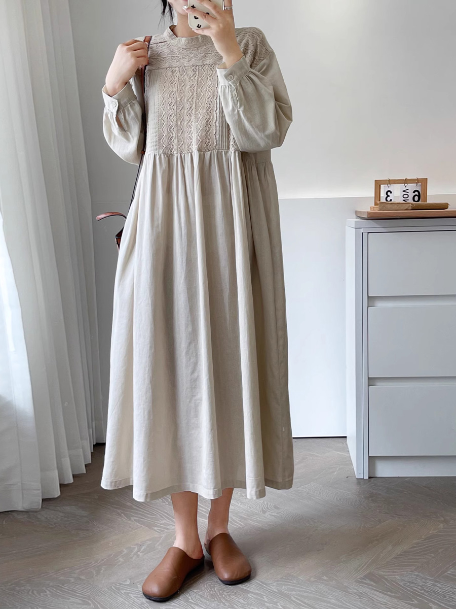 初秋用レトロ風職人技刺繍長袖ワンピース-Sodemai