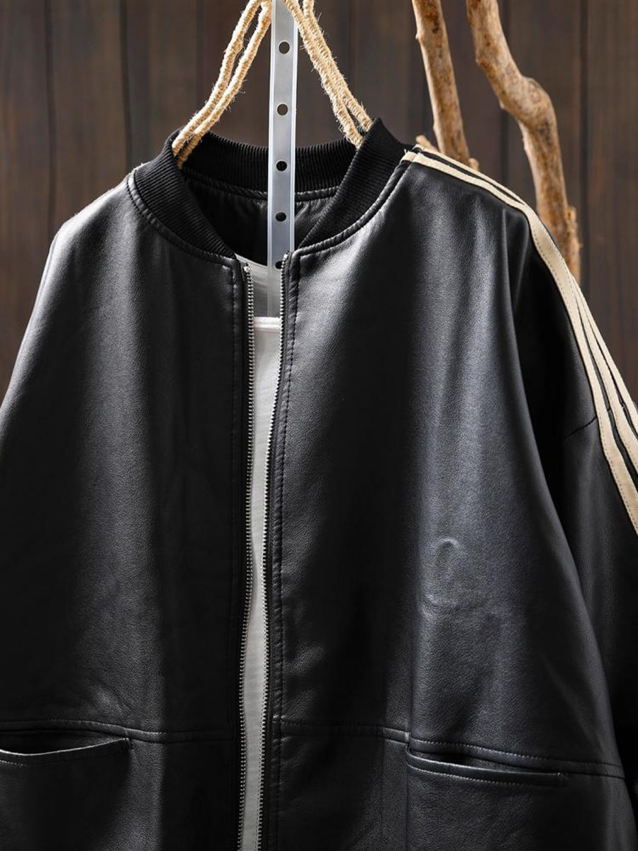 細見えジップアップPUレザージャケット-Sodemai