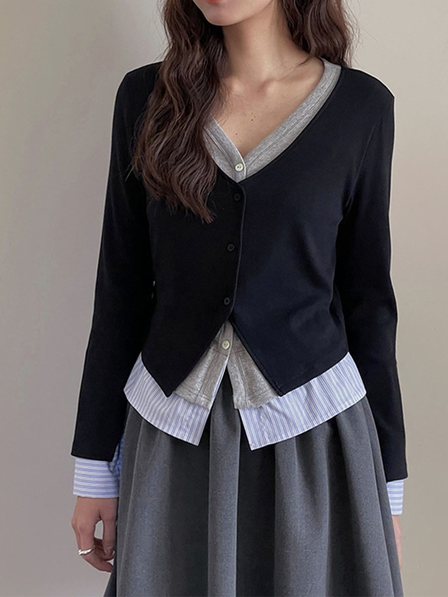 春秋コントラストカラーフェイクレイヤード長袖ニットトップス-Sodemai