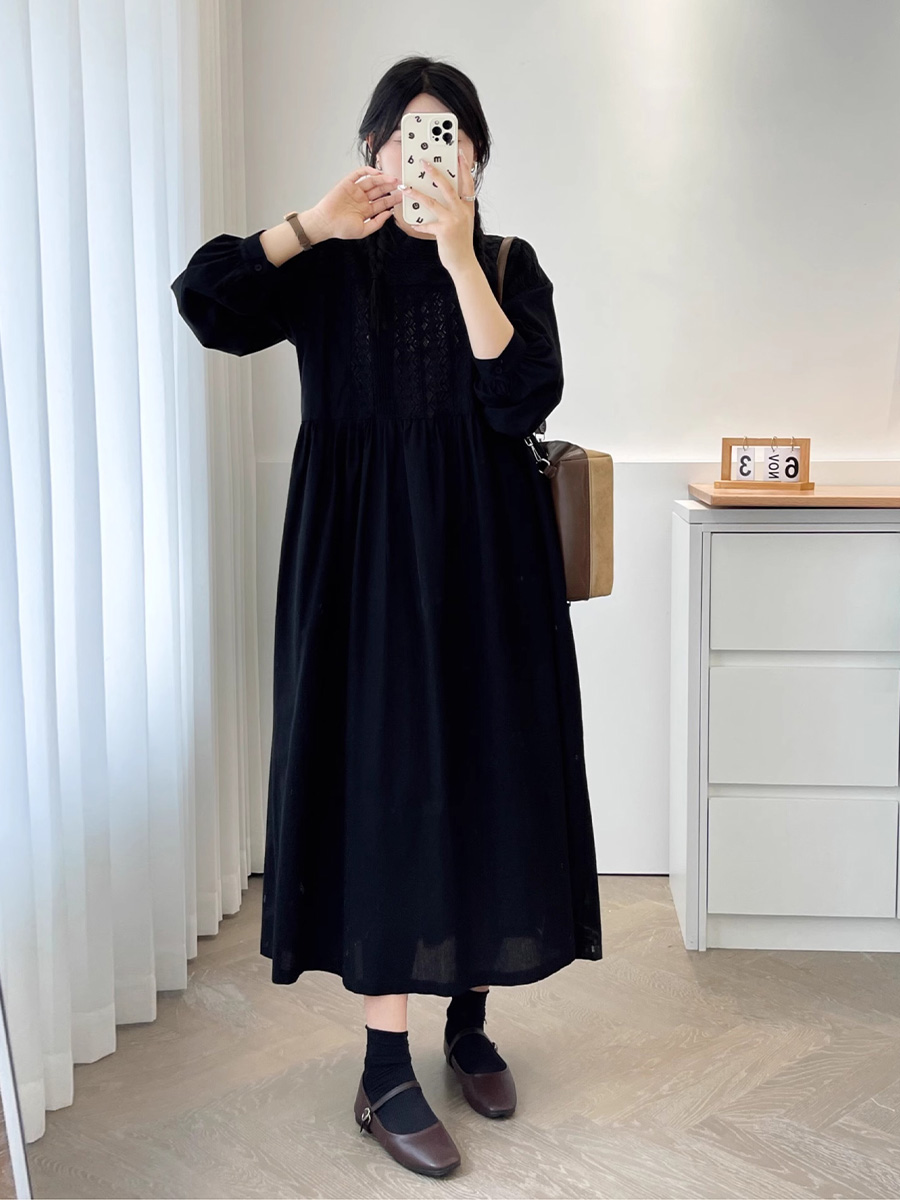 初秋用レトロ風職人技刺繍長袖ワンピース-Sodemai
