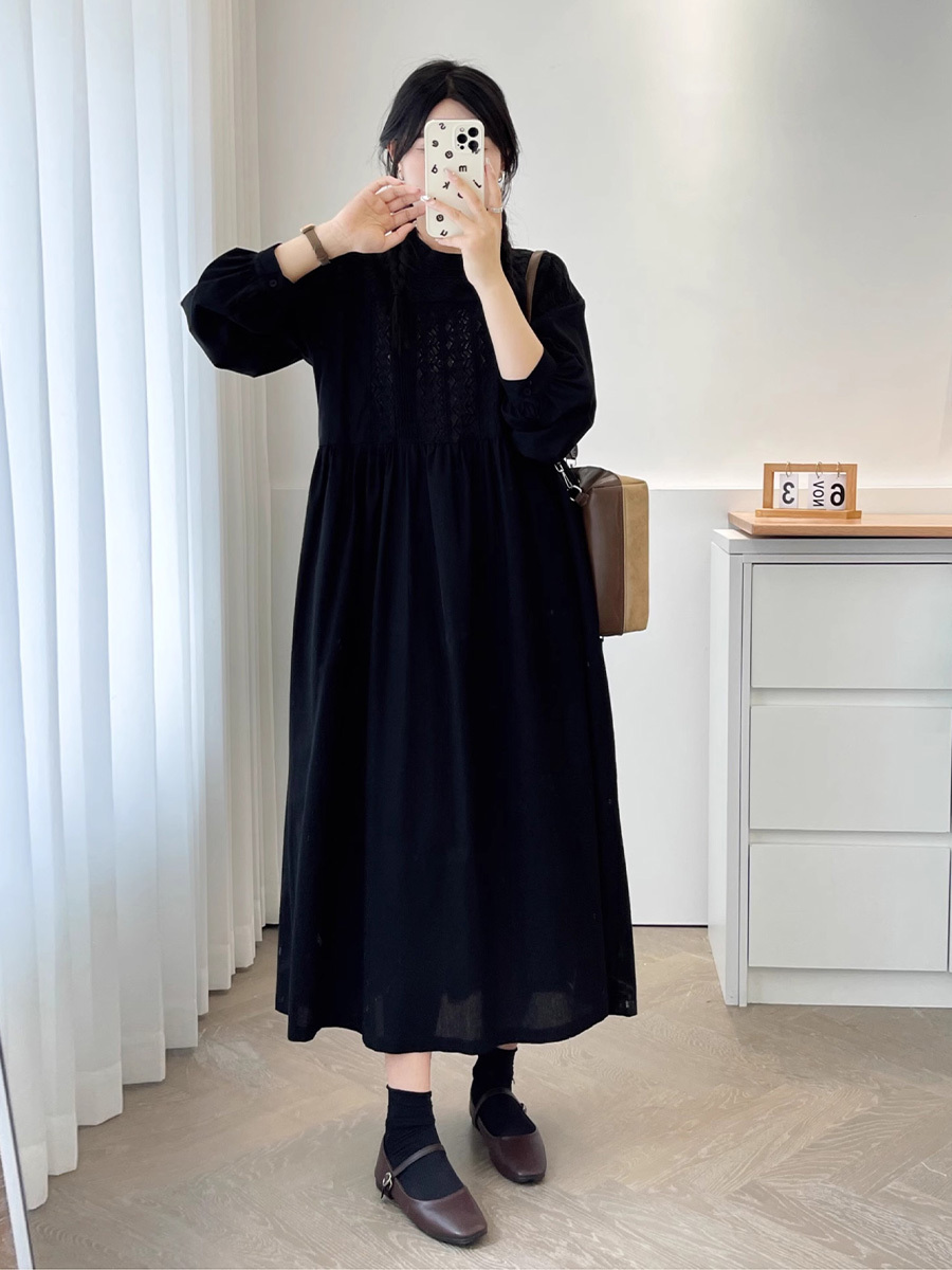 初秋用レトロ風職人技刺繍長袖ワンピース-Sodemai