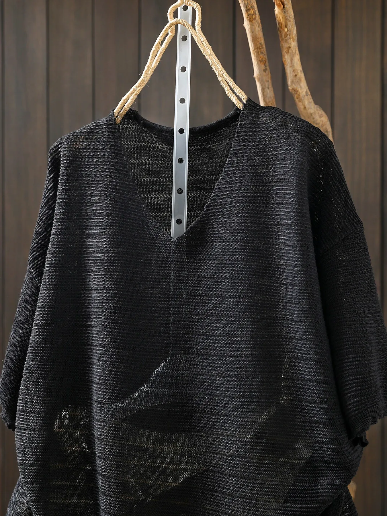 透かし編みデザイン体型カバー半袖ニットTシャツ