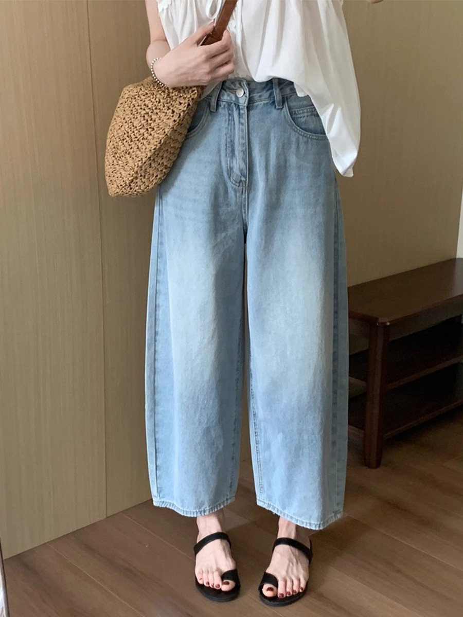 「身長145～160cm向け」小柄さん向けハイウエストゆったりデニムバナナパンツ-Sodemai