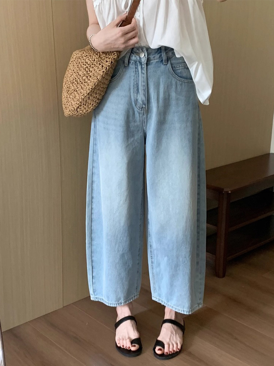 「身長145～160cm向け」小柄さん向けハイウエストゆったりデニムバナナパンツ-Sodemai