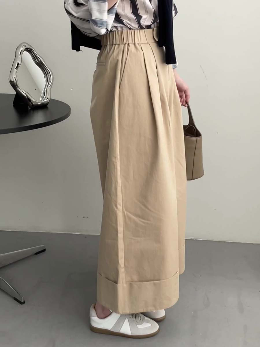 「身長148cm向け」秋ロールアップゴムハイウエストワイドパンツ-Sodemai