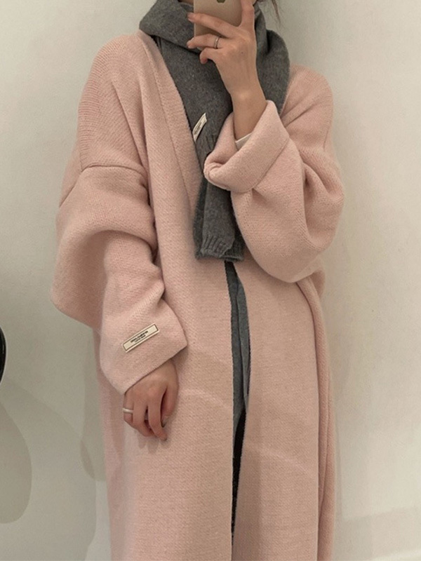 秋冬向け抜け感のある厚手ロングニットカーディガン-Sodemai