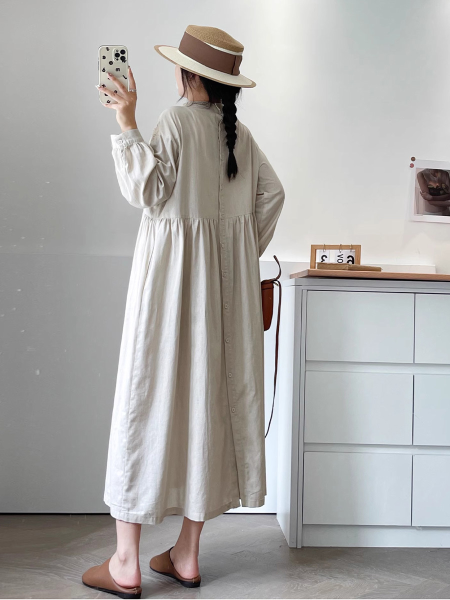 初秋用レトロ風職人技刺繍長袖ワンピース-Sodemai