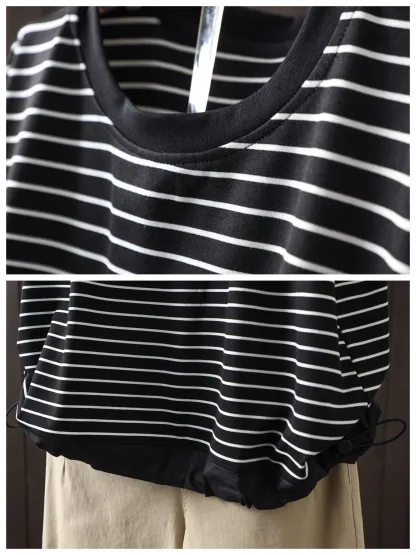 ボーダー柄クルーネック裾ドローストリング付き半袖Tシャツ