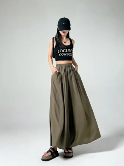 「身長148cm以上向け」ハイウエスト薄手落ち感のあるスカート風ワイドパンツ