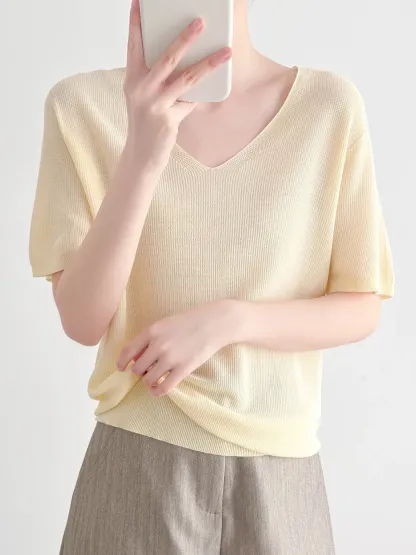 アイスシルクVネック半袖ニット