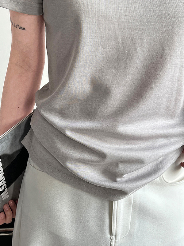 シンプルなデザインくしゅっとネック薄手半袖Tシャツ