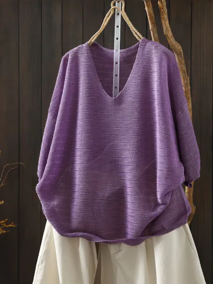 透かし編みデザイン体型カバー半袖ニットTシャツ
