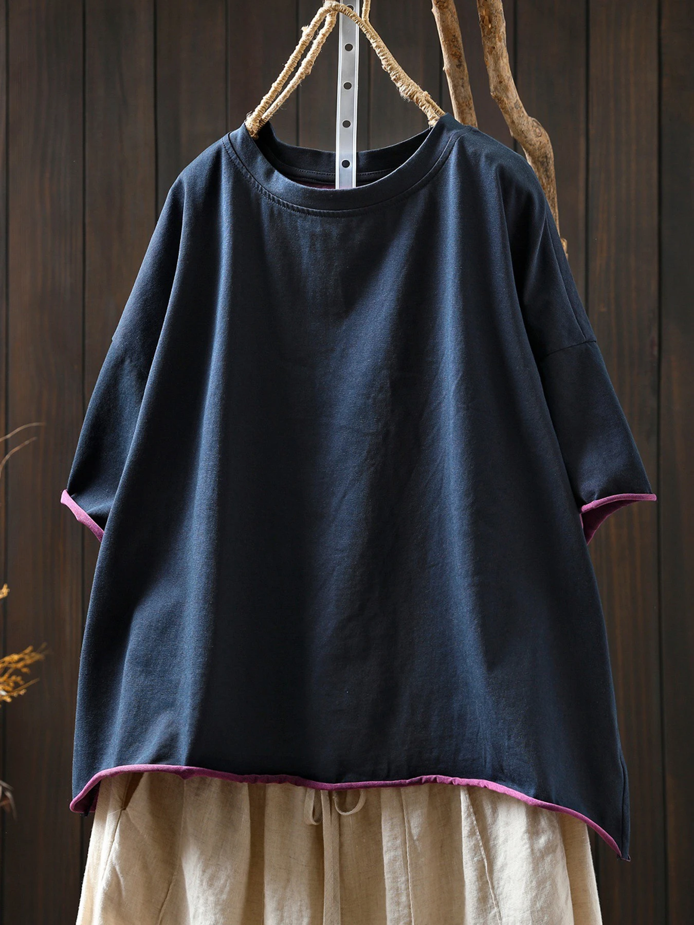 【2点7,990円】配色ロールエッジコットン100％半袖Tシャツ