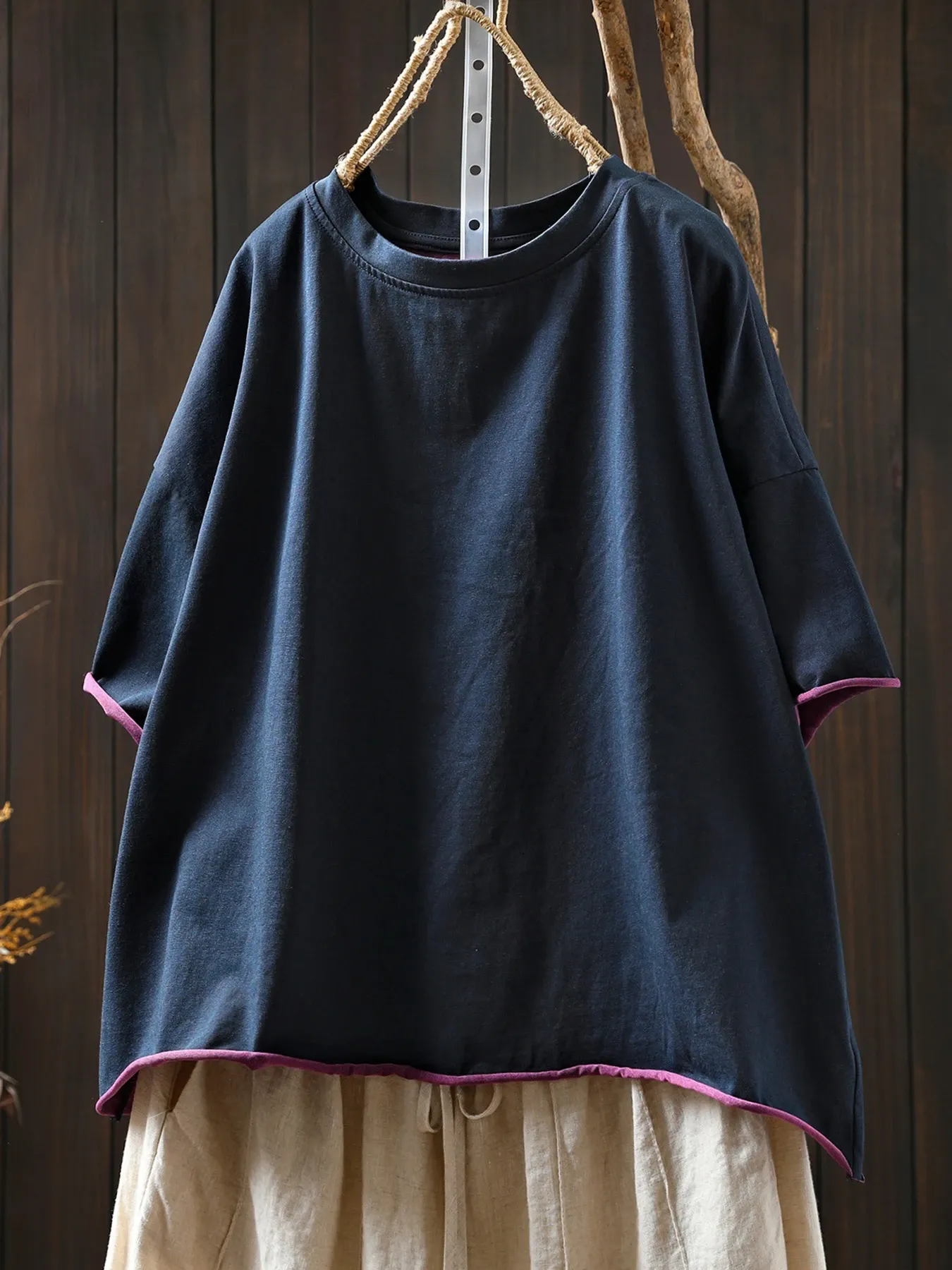 【2点7,990円】配色ロールエッジコットン100％半袖Tシャツ