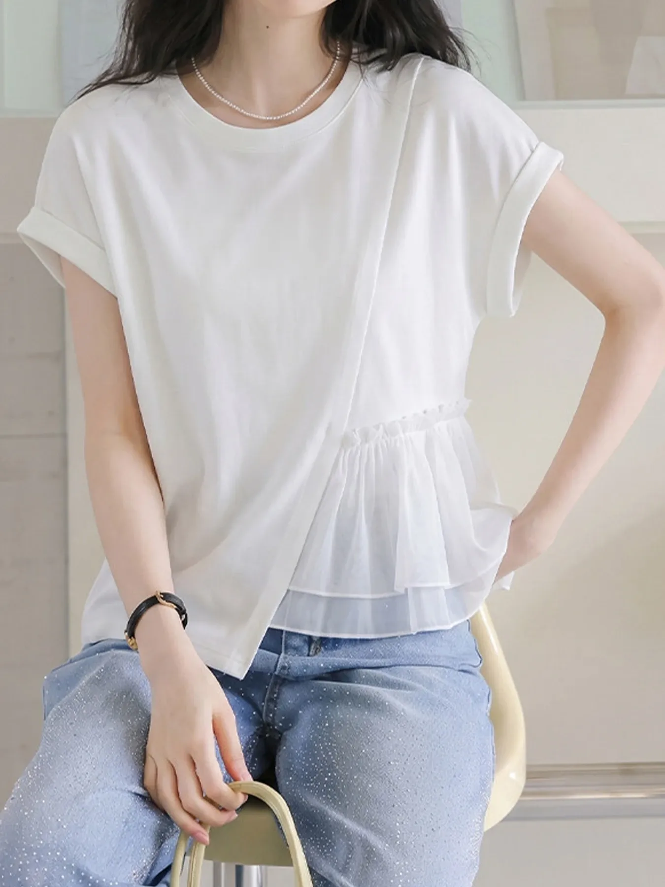 おしゃれなアシンメトリーデザイン細見え半袖Tシャツ