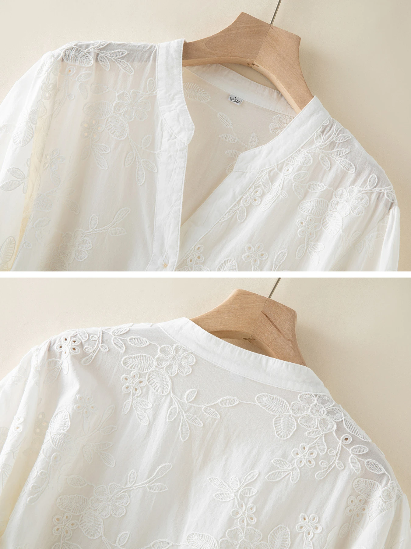 コットン100％レース刺繍入りVネックブラウス