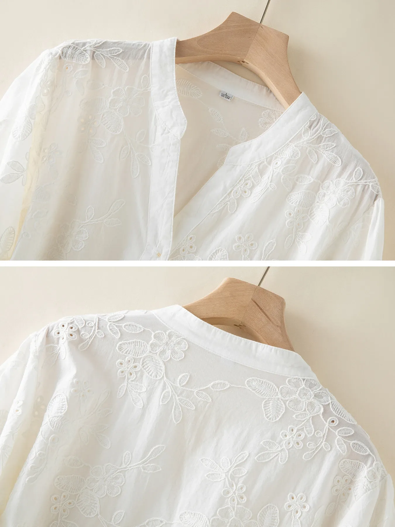 コットン100％レース刺繍入りVネックブラウス