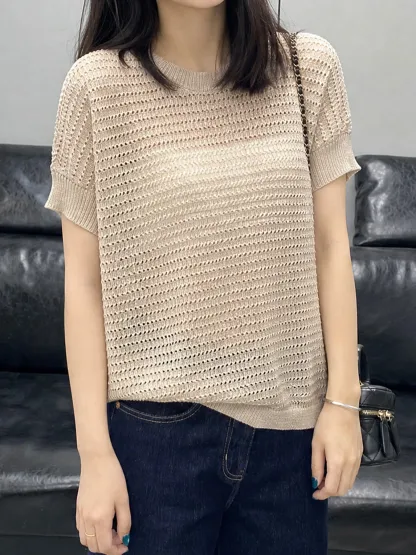 透かし編みデザインクルーネックリヨセル半袖ニット