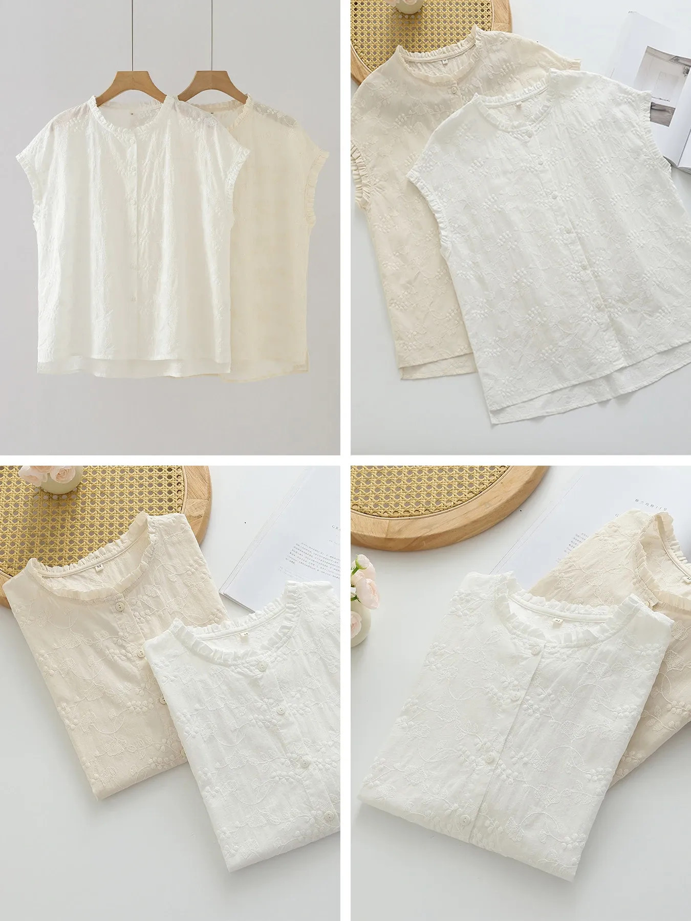 フリルカラー刺繍入りフレンチスリーブブラウス
