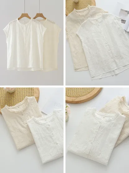 フリルカラー刺繍入りフレンチスリーブブラウス