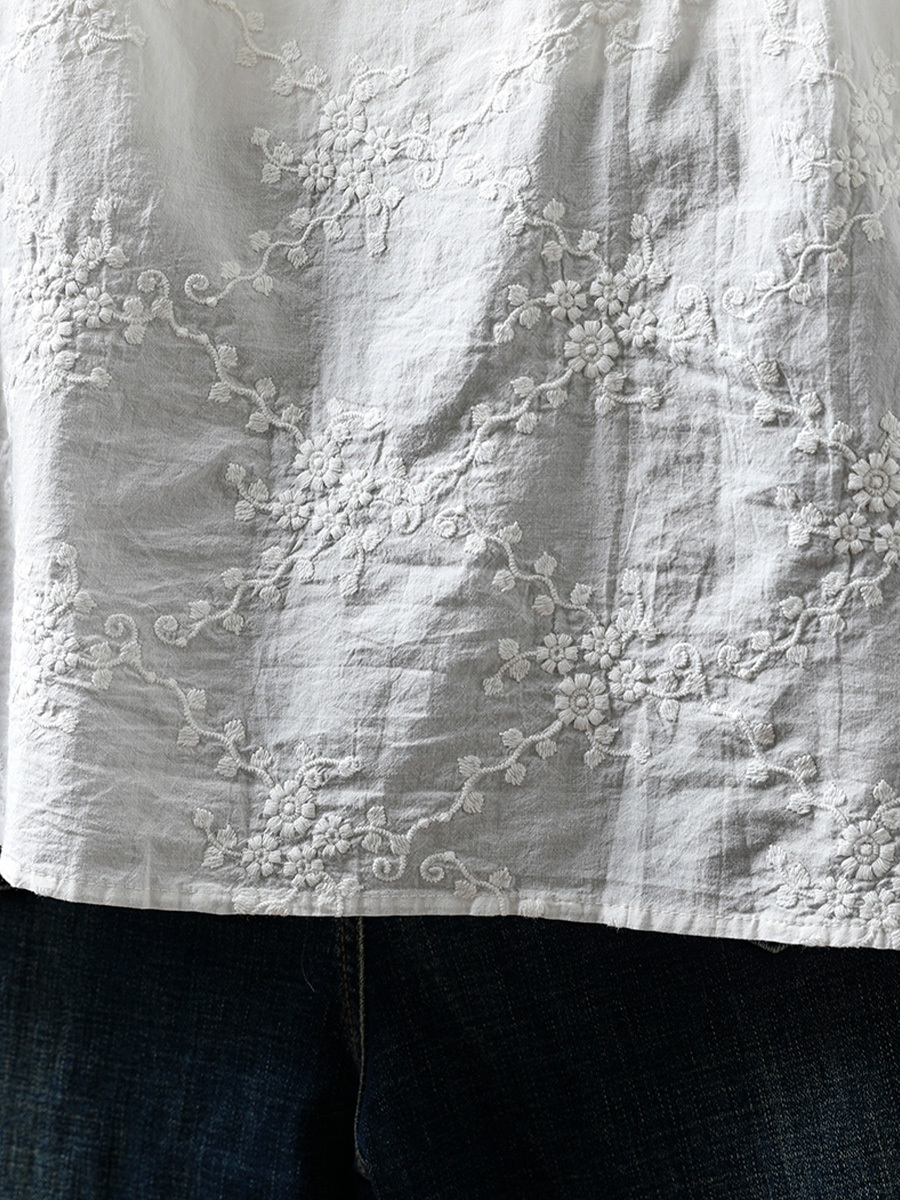 レーストリム刺繍ジャカードカラーボタンコットンブラウス-Sodemai