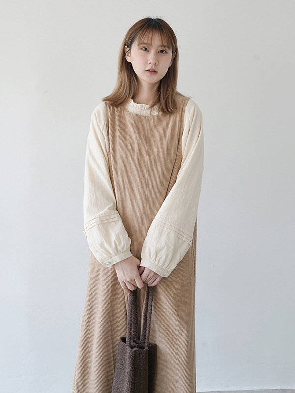レトロナチュラルなコーデュロイ素材のゆったりロングジャンスカ-Sodemai