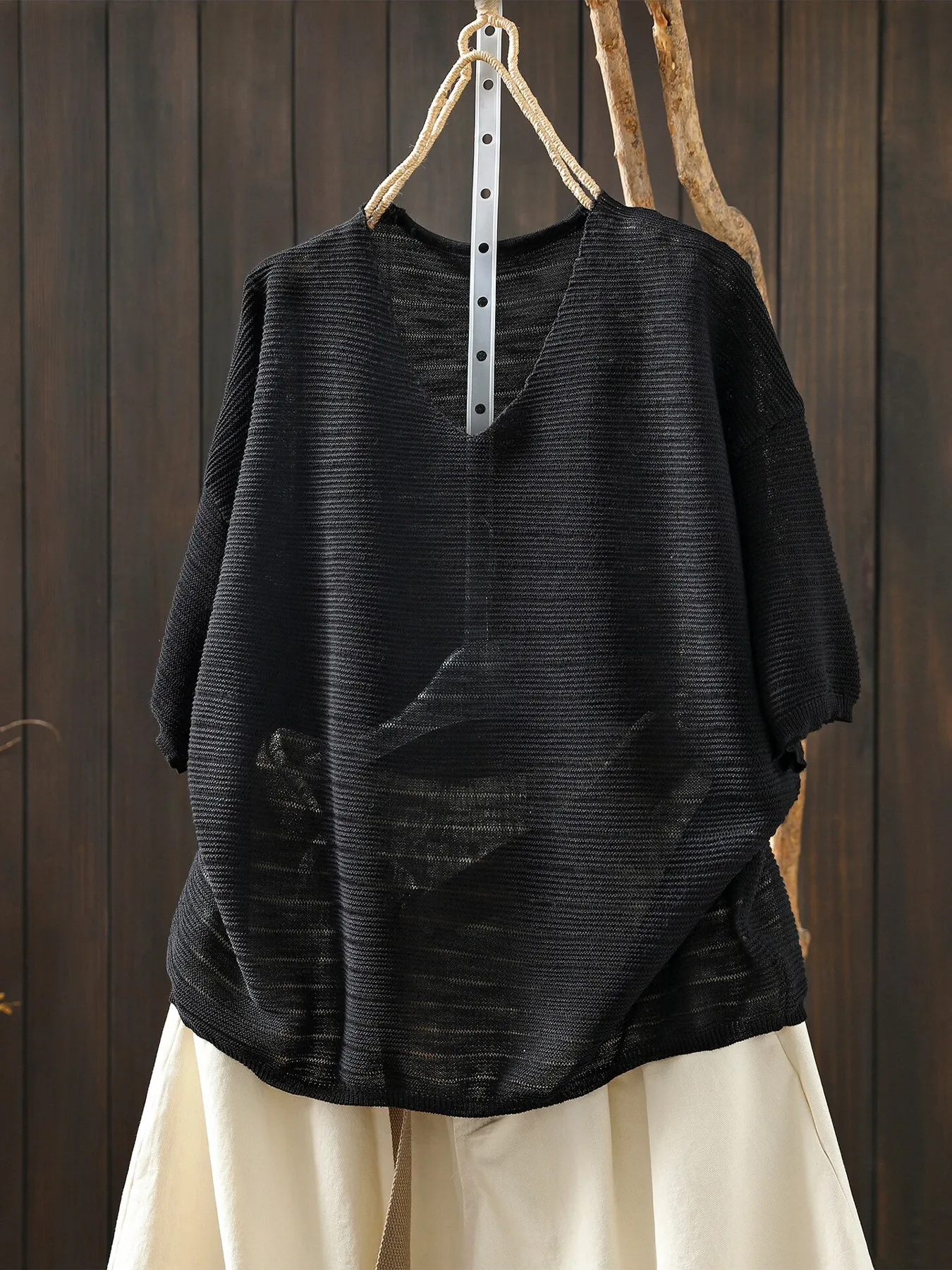 透かし編みデザイン体型カバー半袖ニットTシャツ