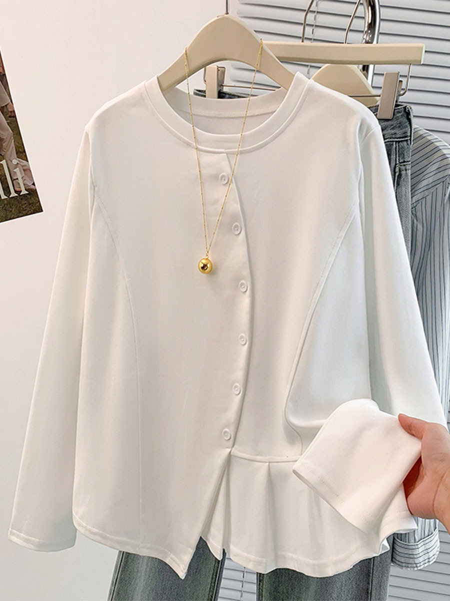 無地ソフトなアシンメトリーデザイン長袖Tシャツ-Sodemai
