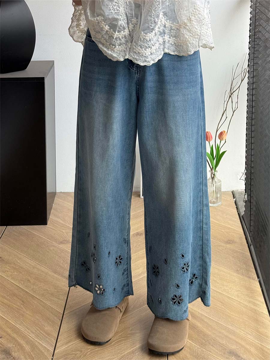 「身長145cm向け」ゆったりレース刺繍入りハイウエスト細見えデニムパンツ-Sodemai