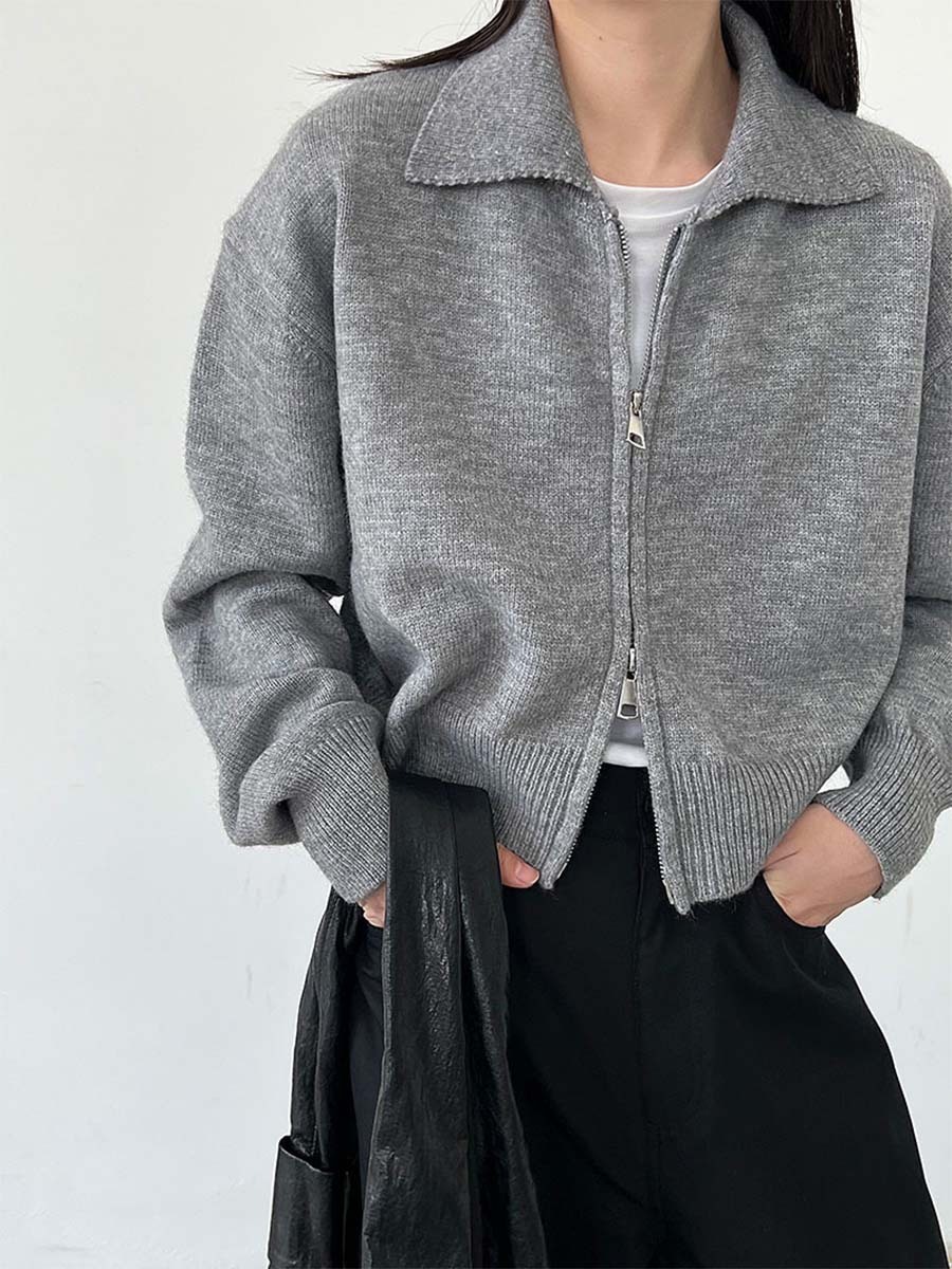 ニットポロ襟ショート丈ダブルジッパーヘッドアウター-Sodemai