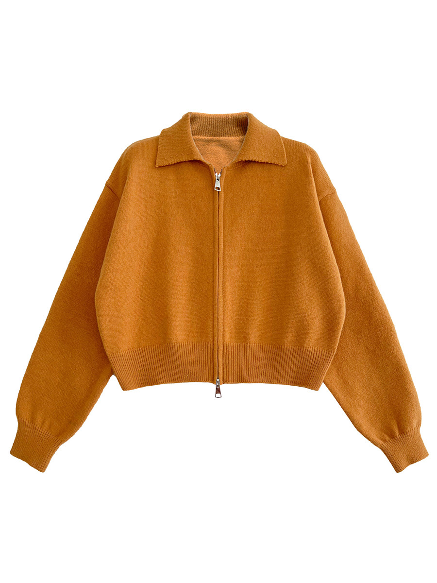 ニットポロ襟ショート丈ダブルジッパーヘッドアウター-Sodemai