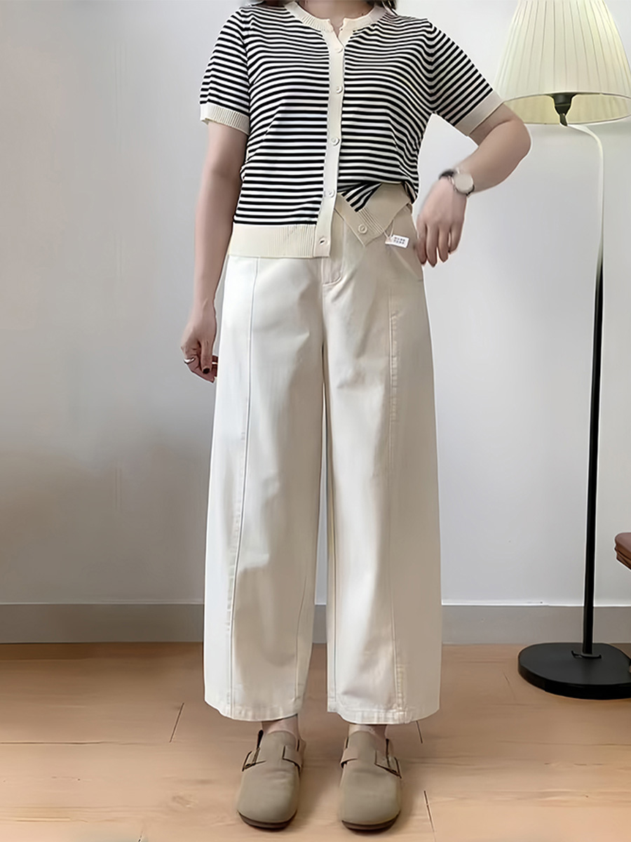 「身長145cm向け」ホワイトゆったりヒップカバー美脚デニムパンツ-Sodemai