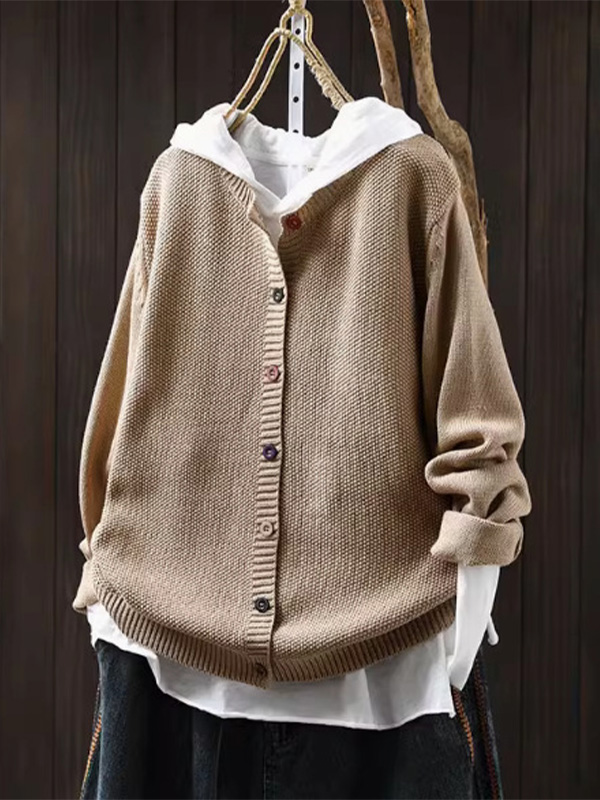 秋冬向けゆったりアート感溢れるクルーネックシングルブレスト仕様コットンニットカーディガン