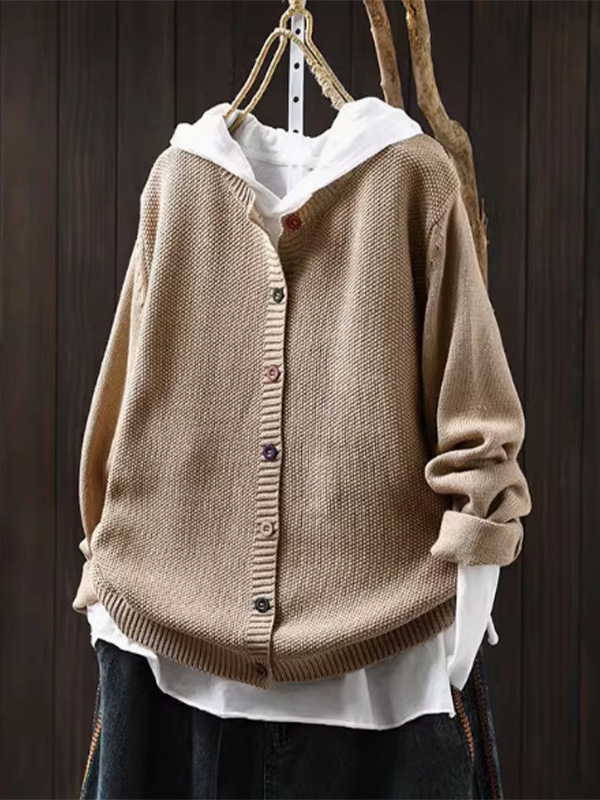 秋冬向けゆったりアート感溢れるクルーネックシングルブレスト仕様コットンニットカーディガン