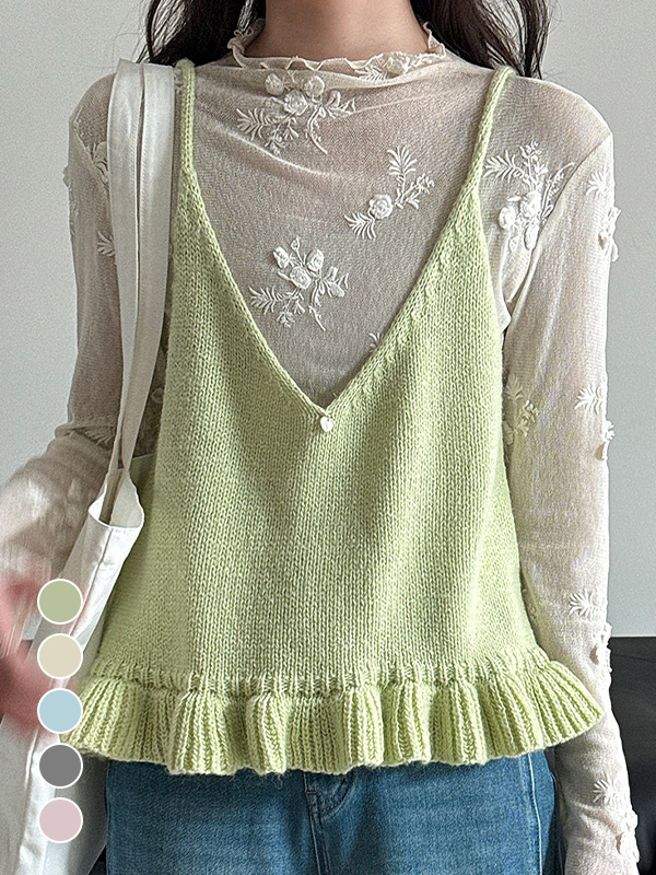 万能Vネックフリルデザインレイヤードニットベスト
