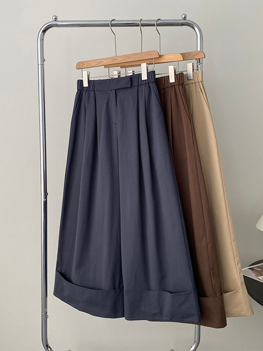 「身長148cm向け」秋ロールアップゴムハイウエストワイドパンツ-Sodemai