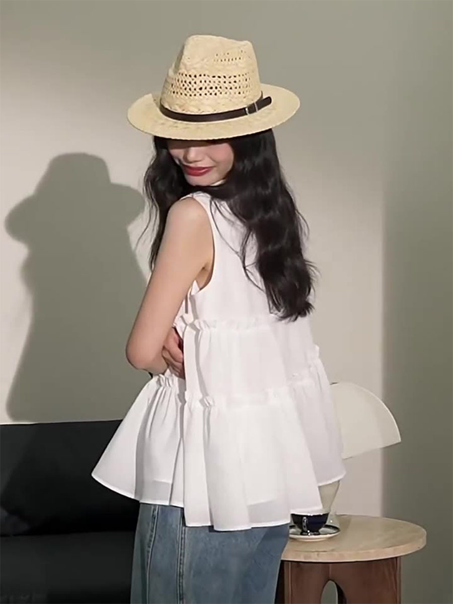 夏ノースリーブキクラゲ裾レイヤード風ブラウス-Sodemai